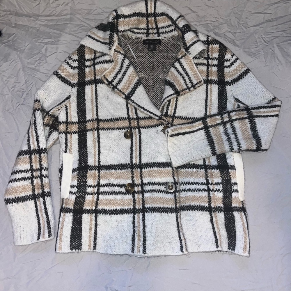 Rachel Zoe White and Black Peacoat with Classic Plaid Design